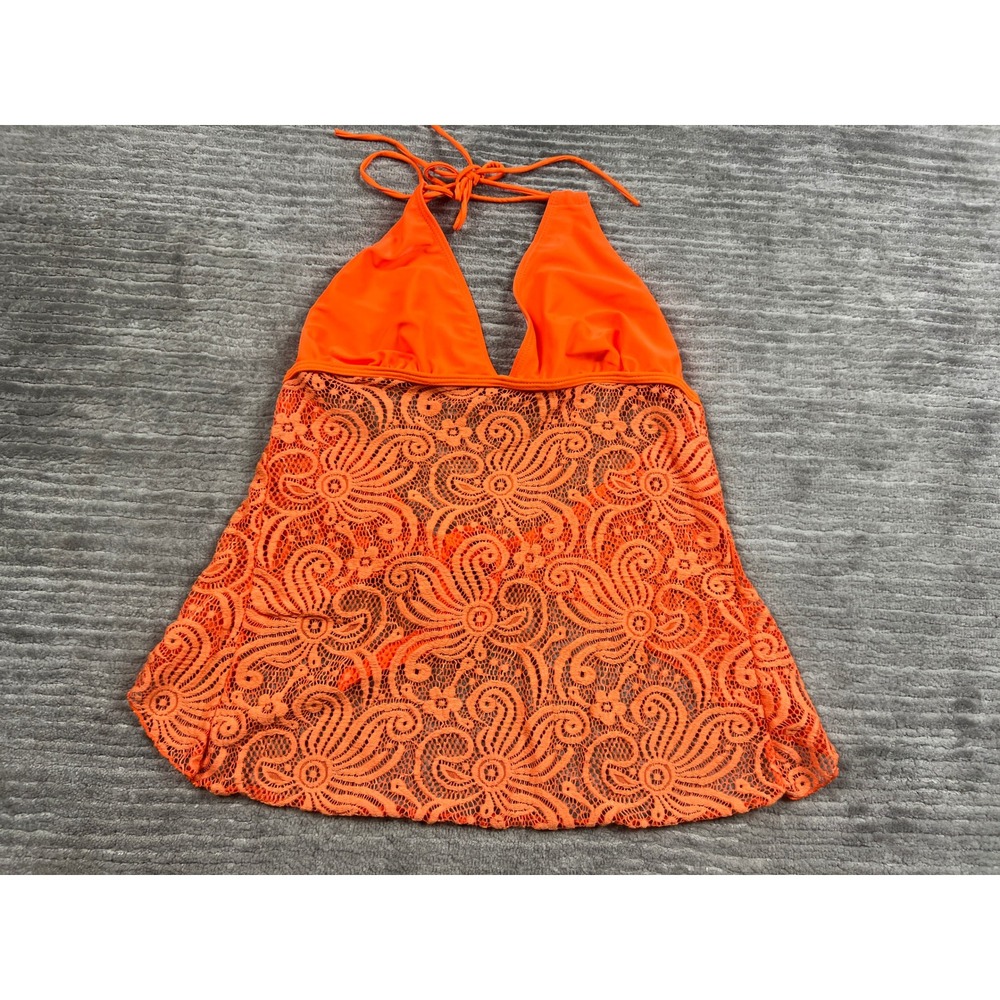 Unbranded Swim Cover Up Women XL Orange Halter Floral Lace V-Neck Sheer Top